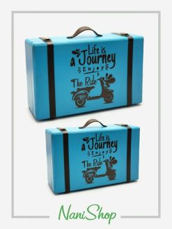 خرید چمدان های چوبی سایز 1 و 2 طرح life is a journey رنگ آبی