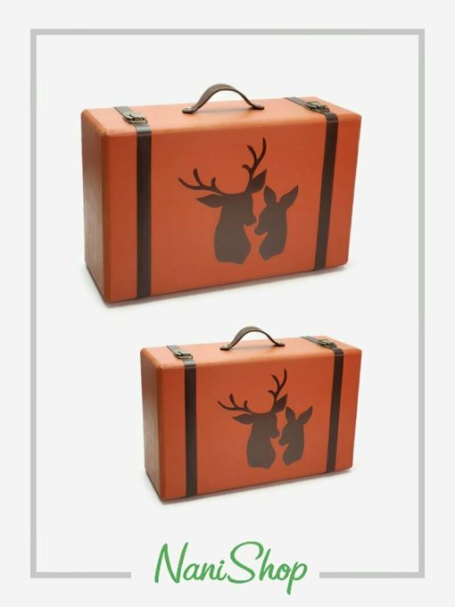 خرید چمدان های چوبی سایز 1 و 2 طرح دو گوزن رنگ آجری