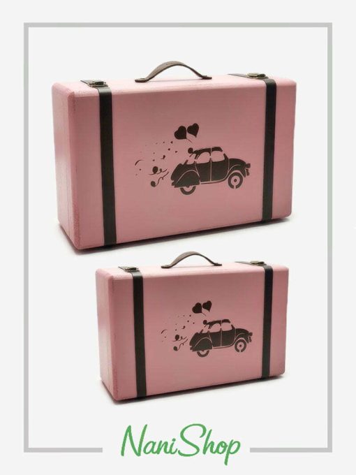 خرید چمدان های چوبی سایز 1 و 2 طرح فولکس عاشق رنگ صورتی