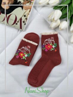 جوراب نیم ساق گلدوزی لبه گیپور طرح گندمی