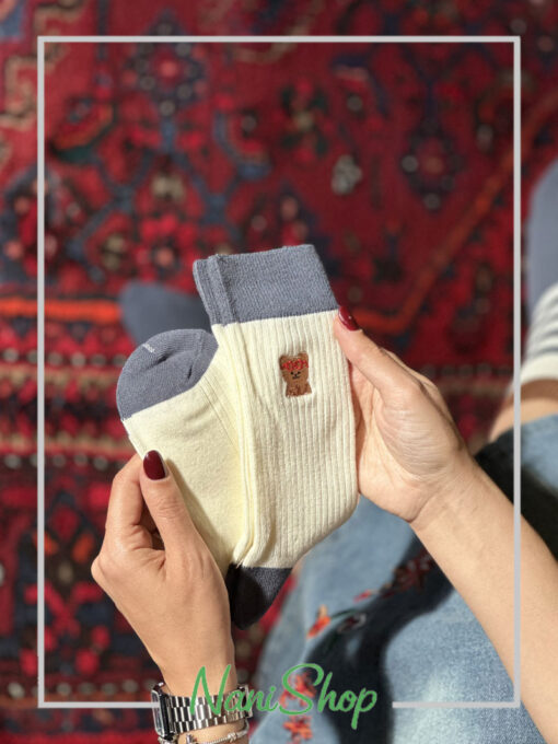 جوراب ساقدار کبریتی طرح گلدوزی خرس لبه رنگی