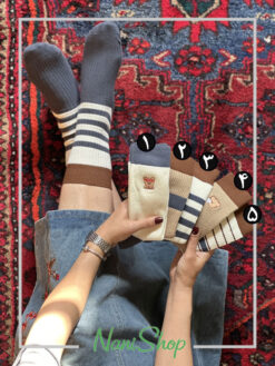 جوراب ساقدار کبریتی طرح گلدوزی خرس لبه رنگی