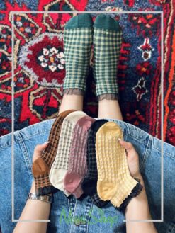 جوراب لب تور دار نخ پنبه طرح شطرنجی
