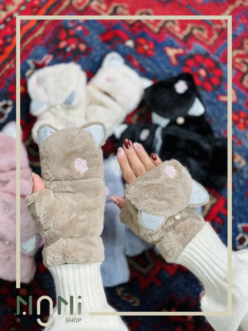 دستکش انگشتی موهری طرح گربه کلاه دار