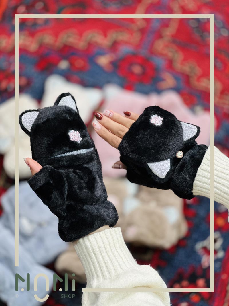 دستکش انگشتی موهری طرح گربه کلاه دار