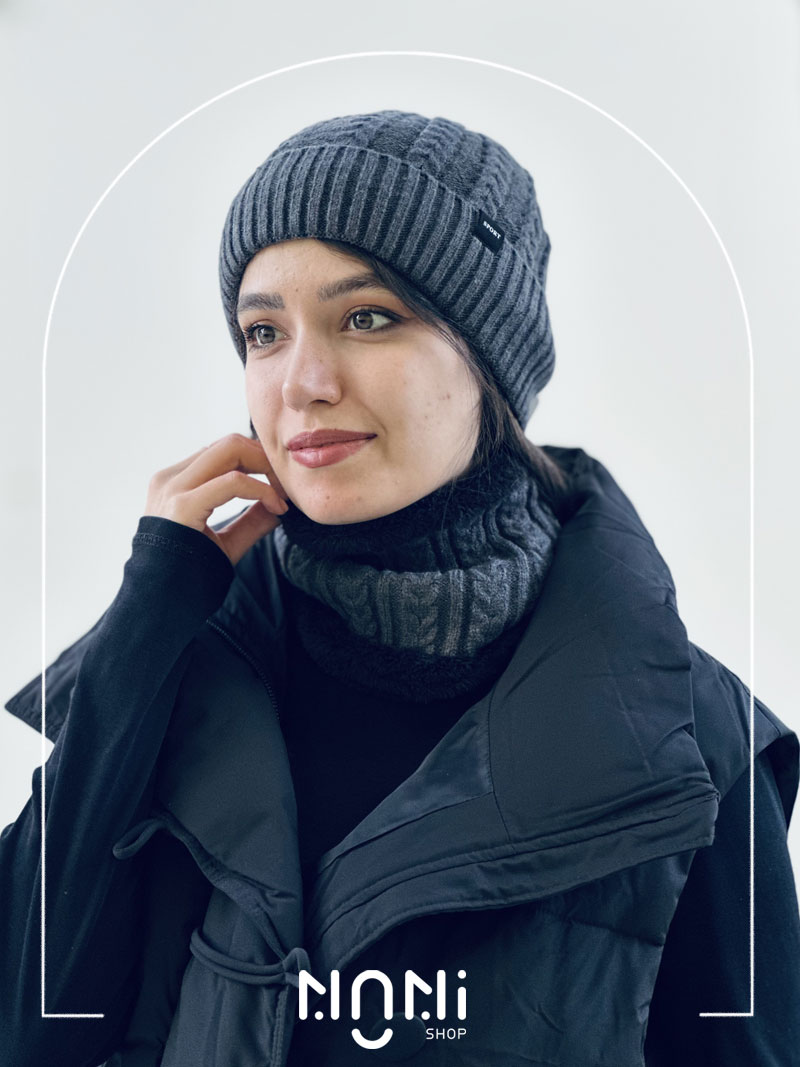 کلاه و شال رینگی بافت داخل خز طرح گندمی