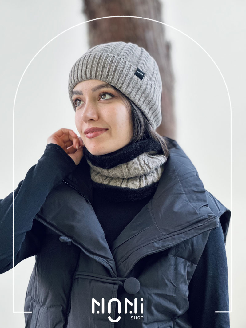 کلاه و شال رینگی بافت داخل خز طرح گندمی