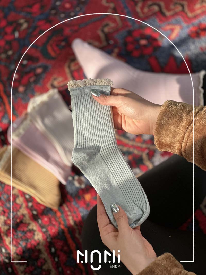 جوراب نیم ساق نخی کبریتی طرح لبه گیپور