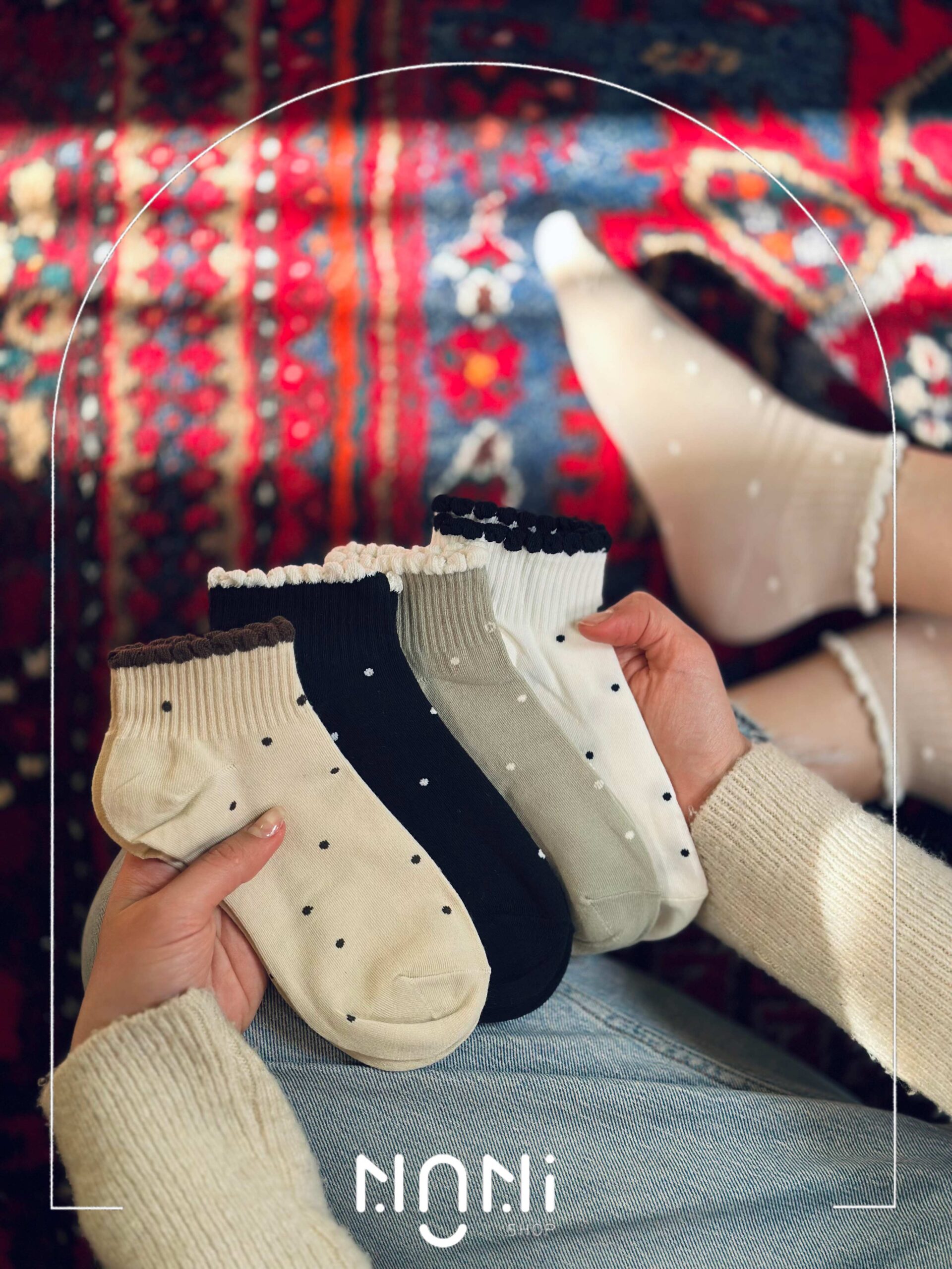 جوراب مچی زنانه خال خالی لب چین نخی