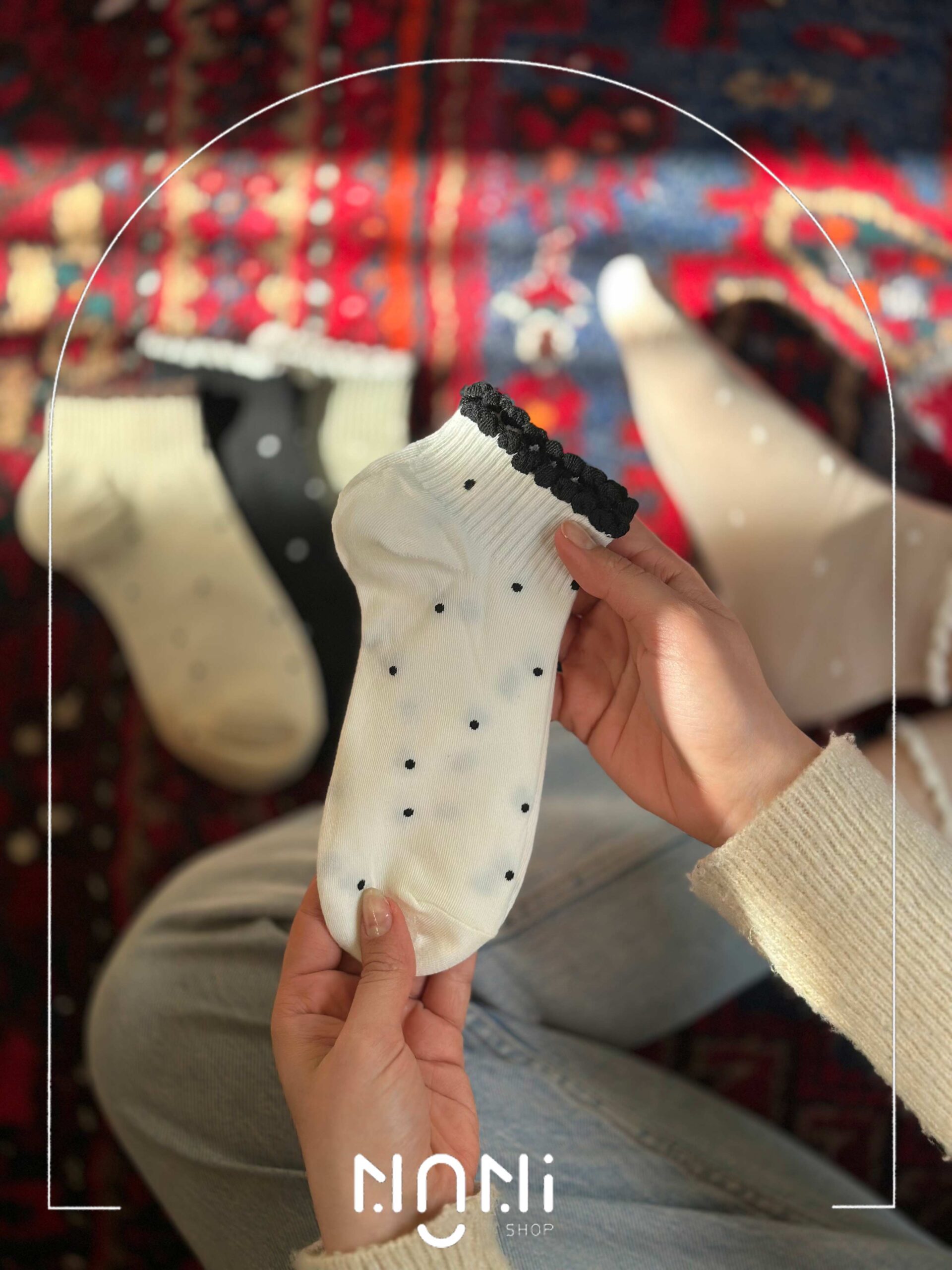 جوراب مچی زنانه خال خالی لب چین نخی