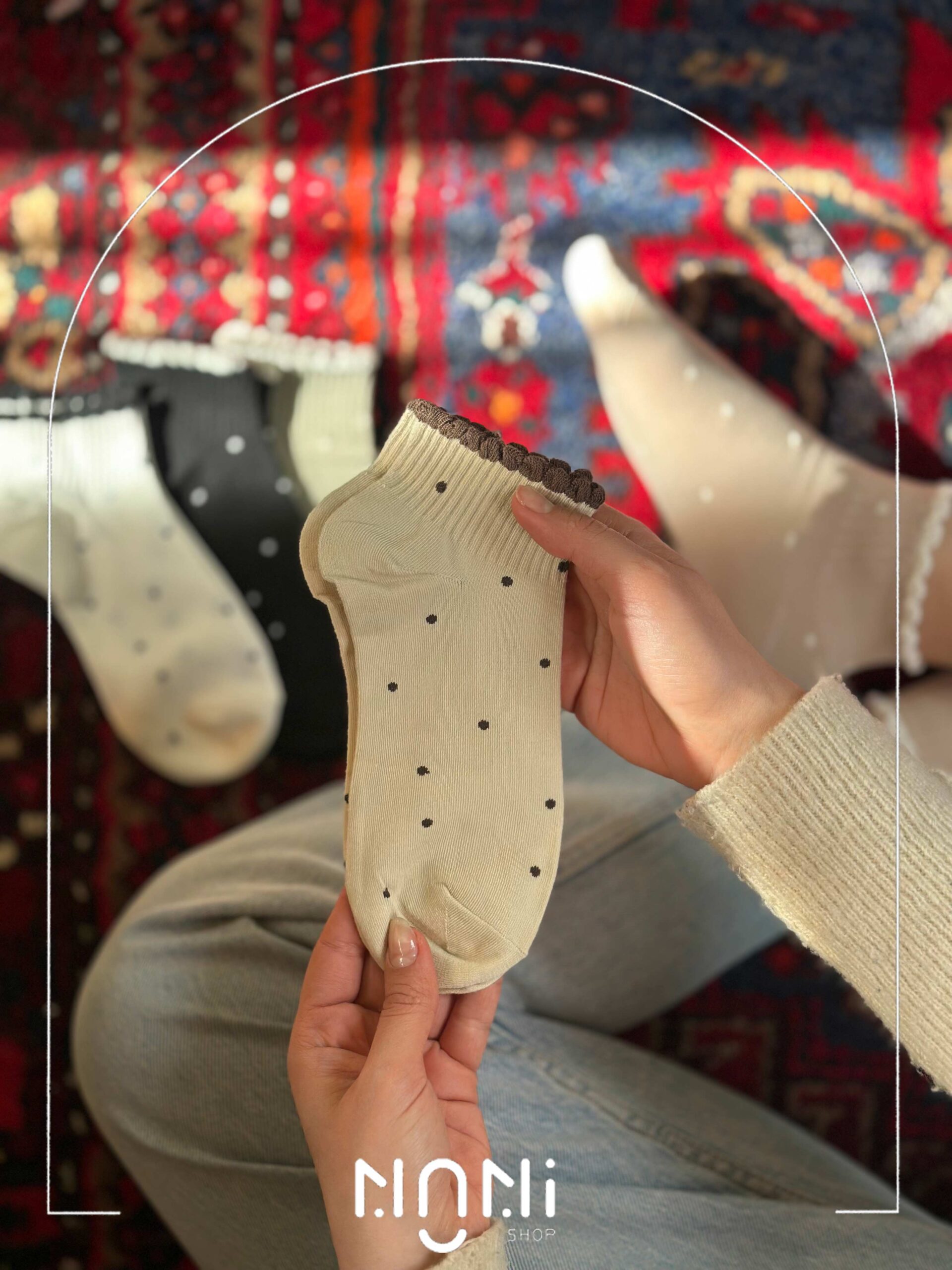 جوراب مچی زنانه خال خالی لب چین نخی