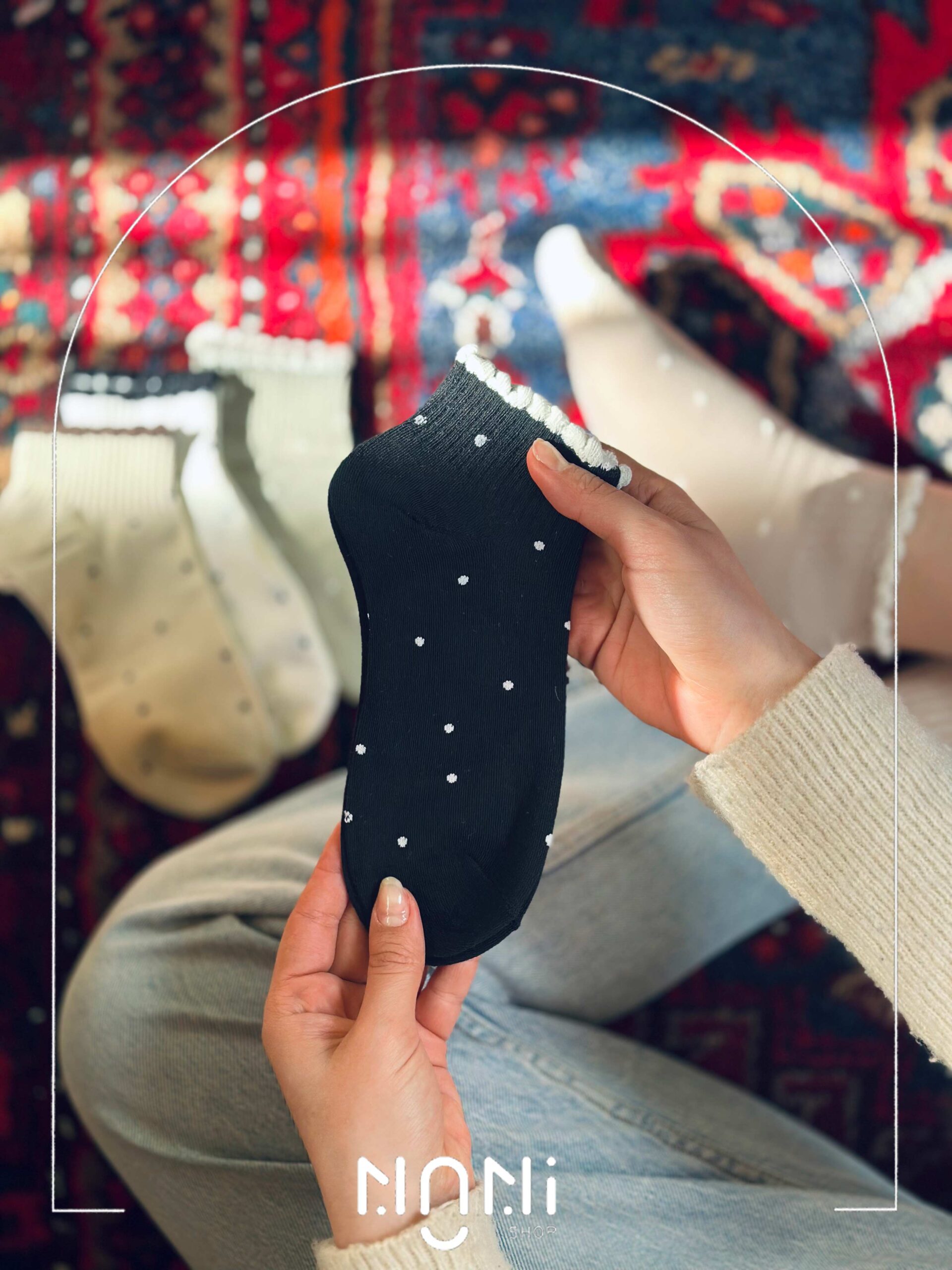 جوراب مچی زنانه خال خالی لب چین نخی