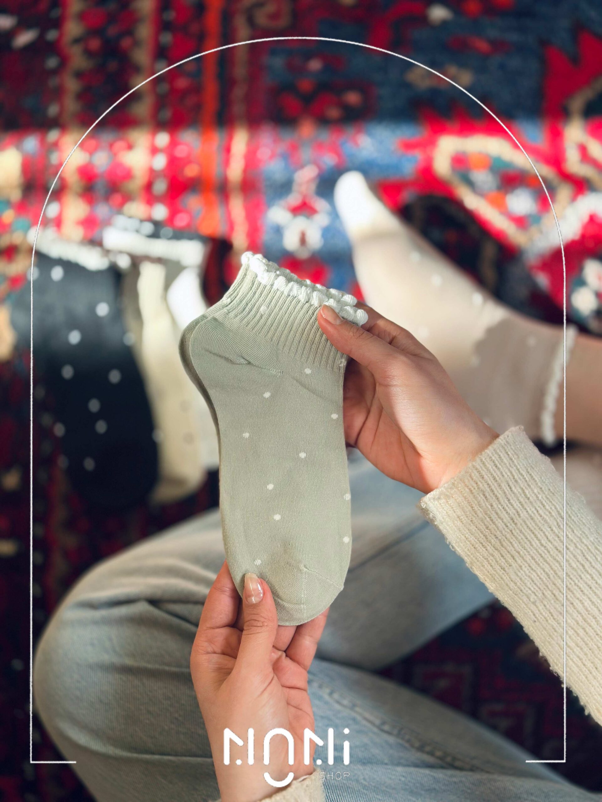 جوراب مچی زنانه خال خالی لب چین نخی