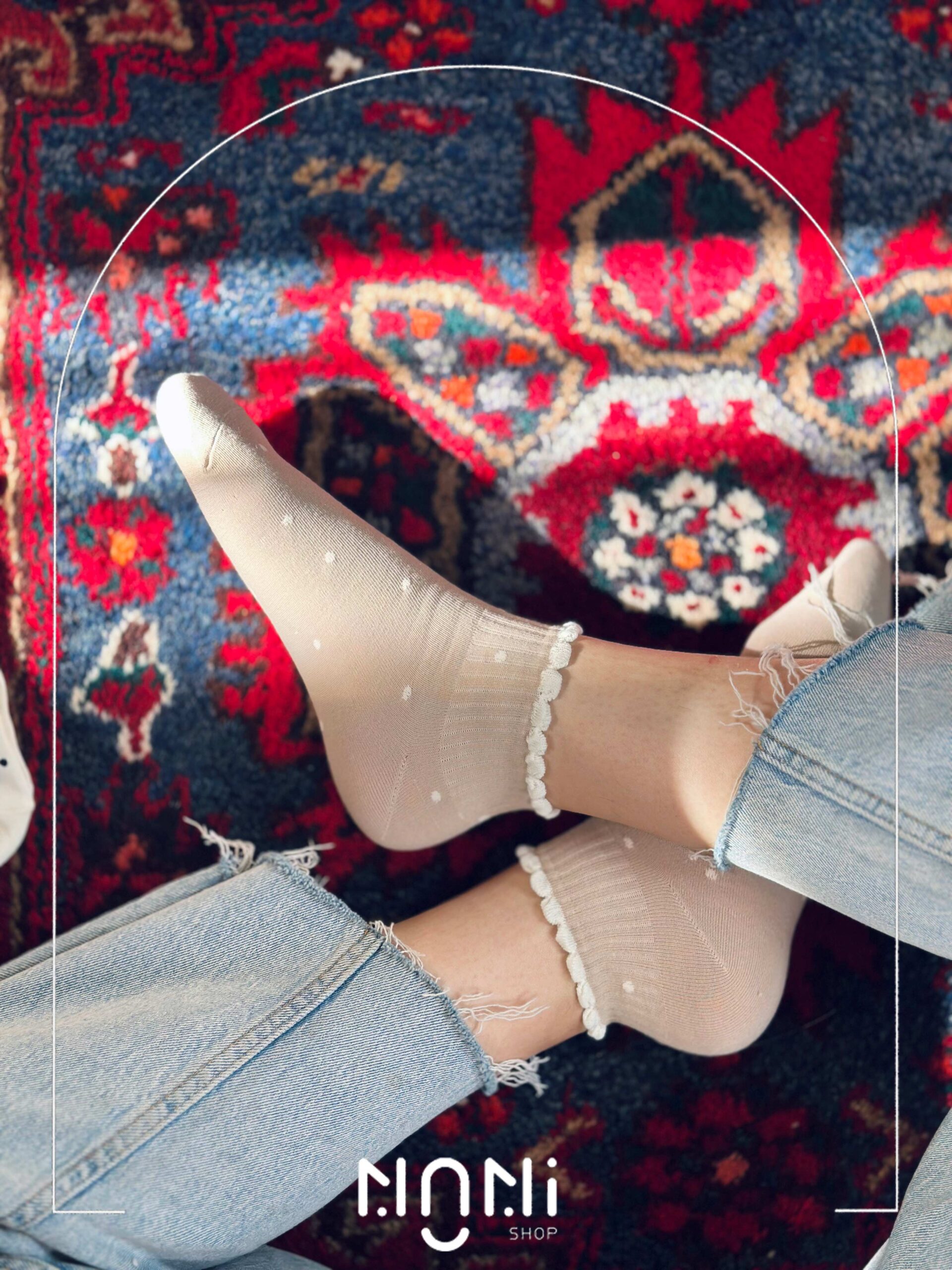 جوراب مچی زنانه خال خالی لب چین نخی