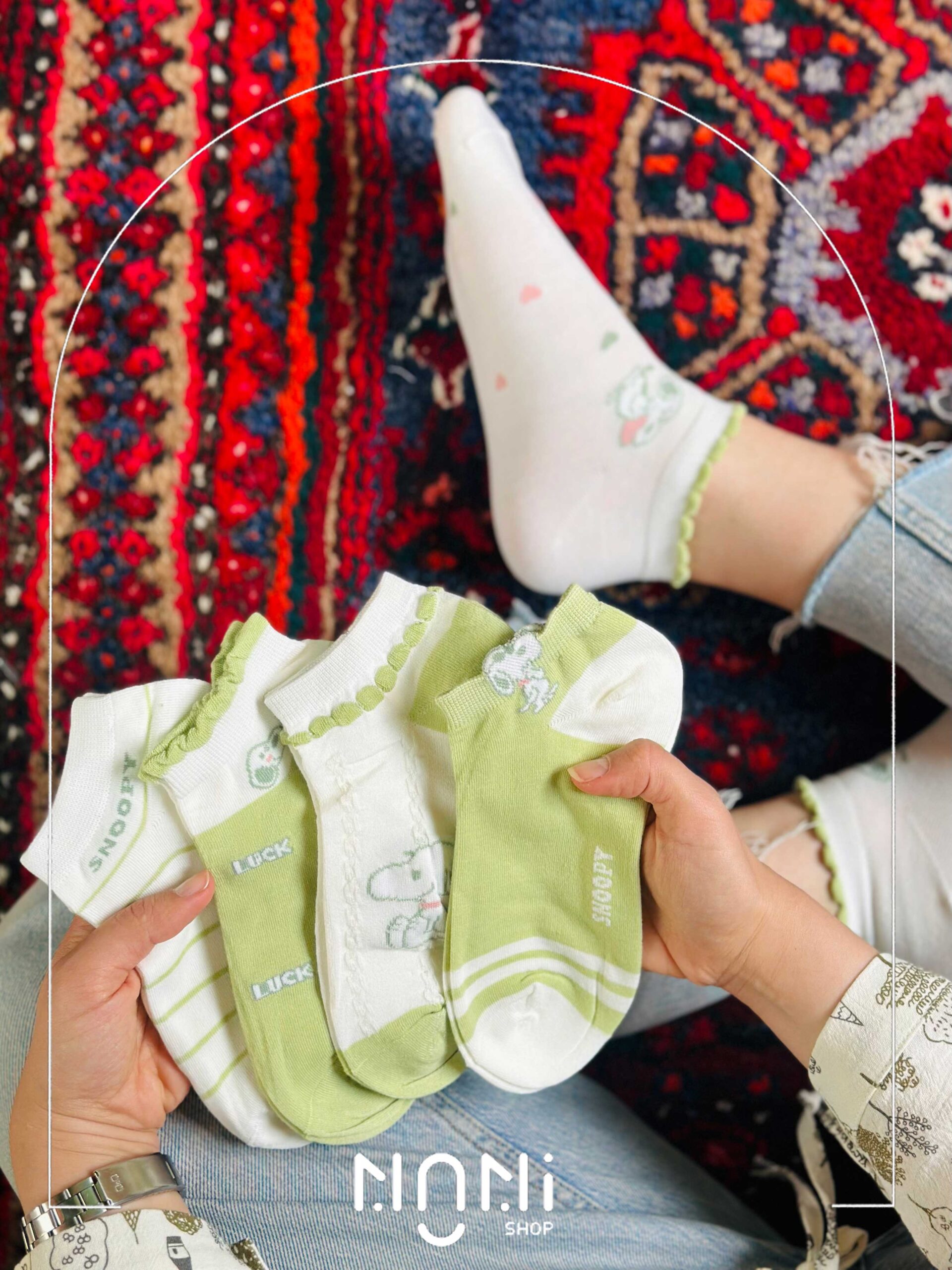 جوراب مچی طرح اسنوپی زمینه سبز