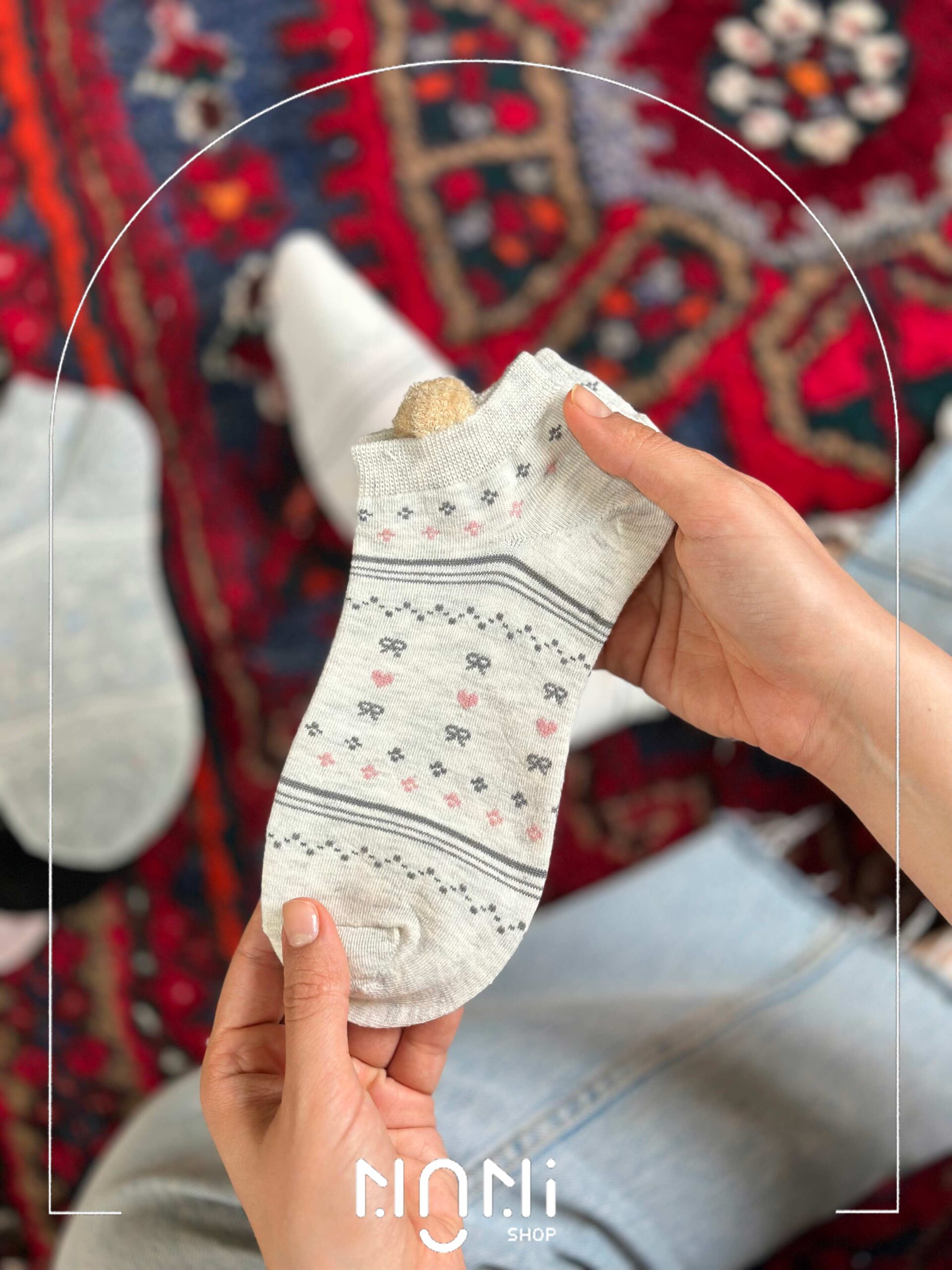 جوراب مچی نخ پنبه گوشدار با موتیف قلب و پاپیون