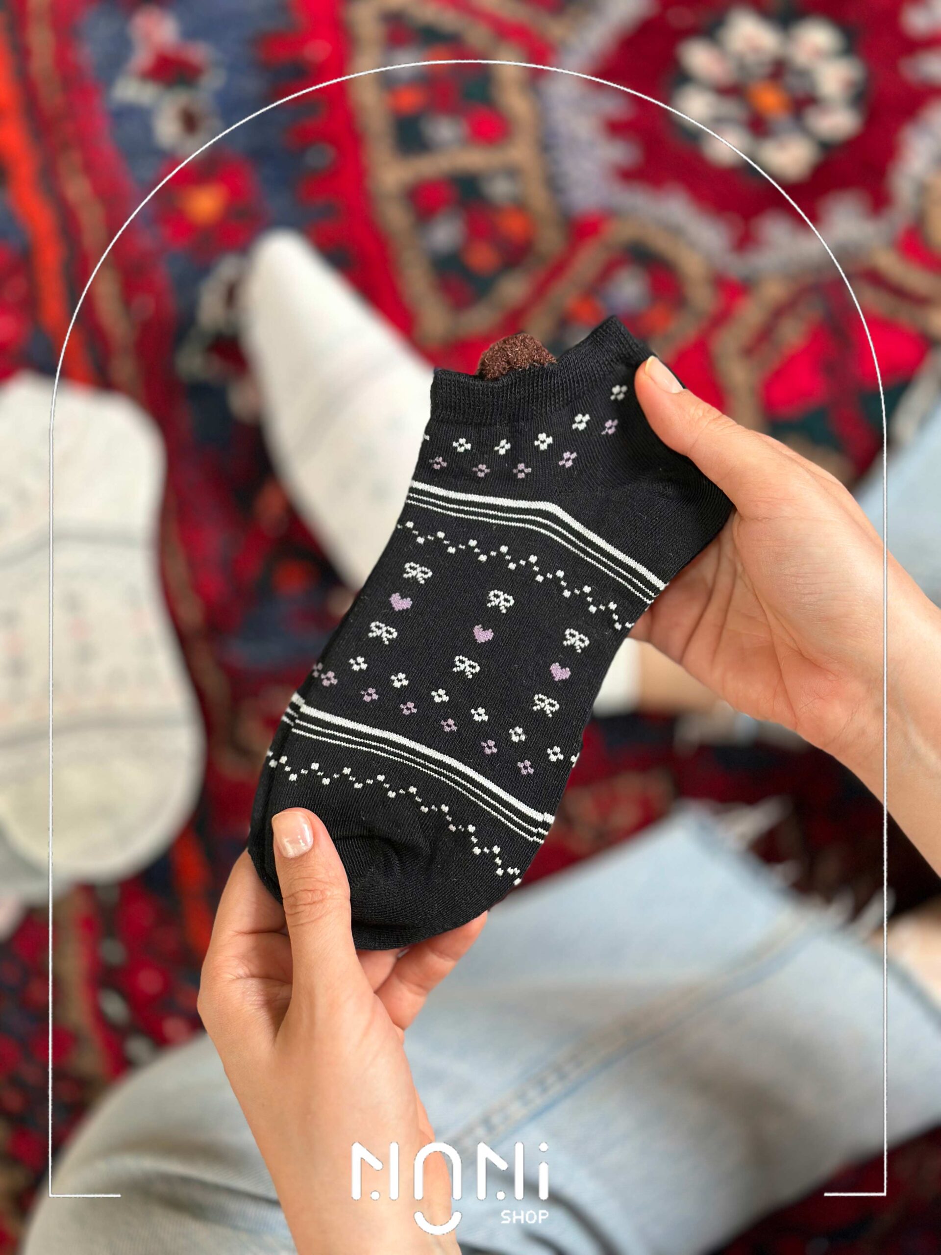 جوراب مچی نخ پنبه گوشدار با موتیف قلب و پاپیون