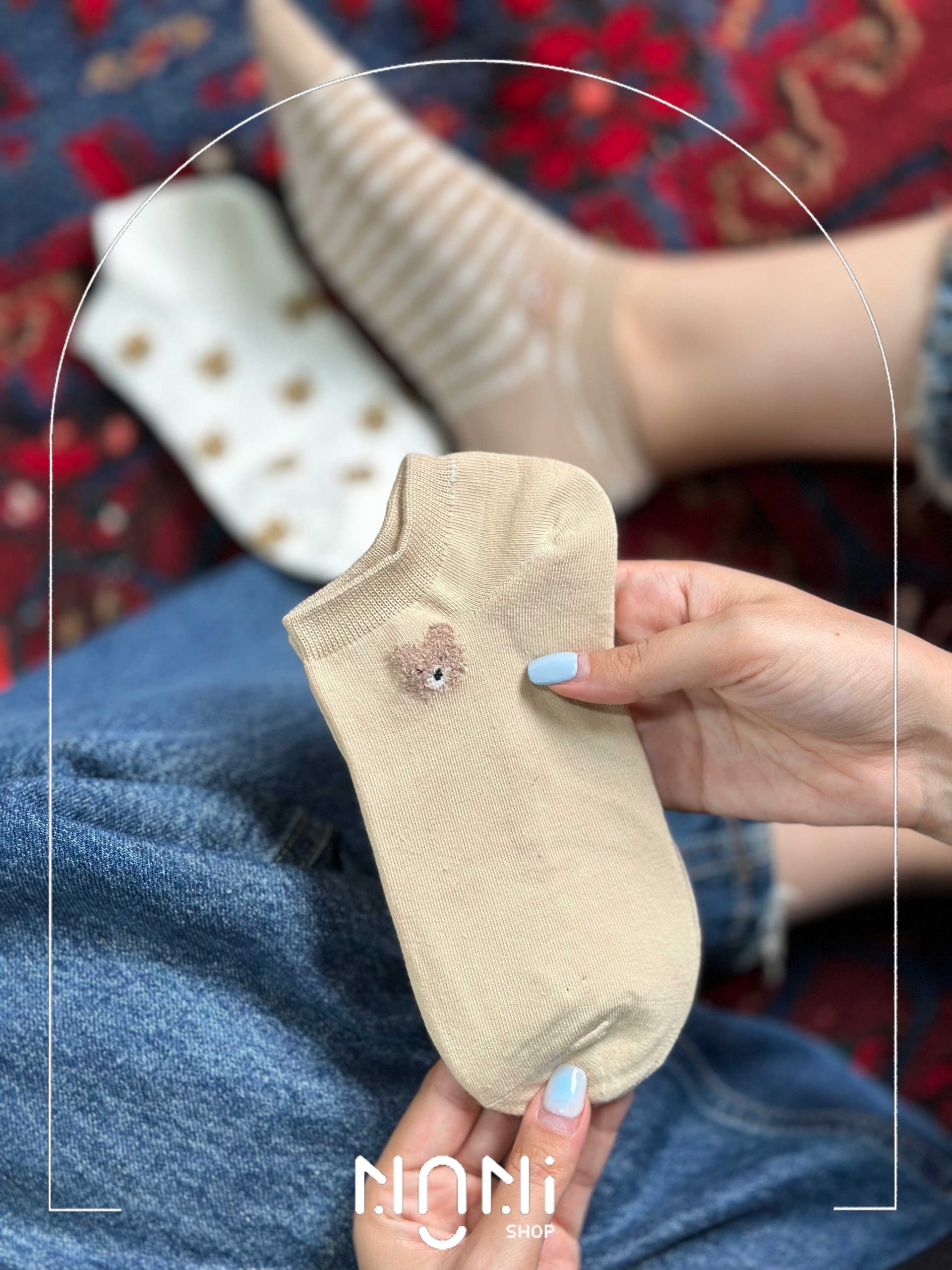 جوراب مچی نخ پنبه طرح خرس قهوه ای